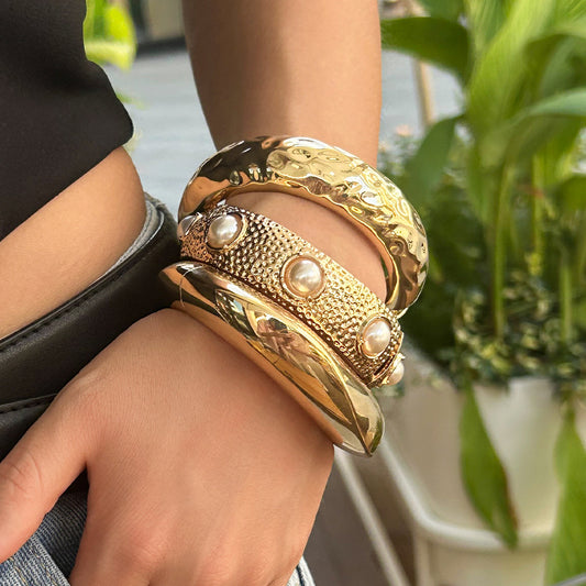 Golden Pleated Wide Cuff Bracelet