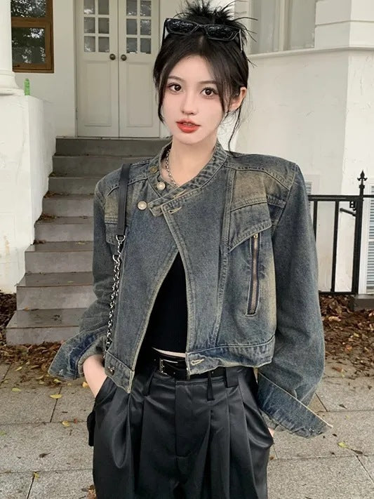 Trendy Upscale Retro Stand Collar Denim Coat