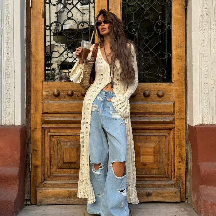 Long Hollow Knit Cardigan