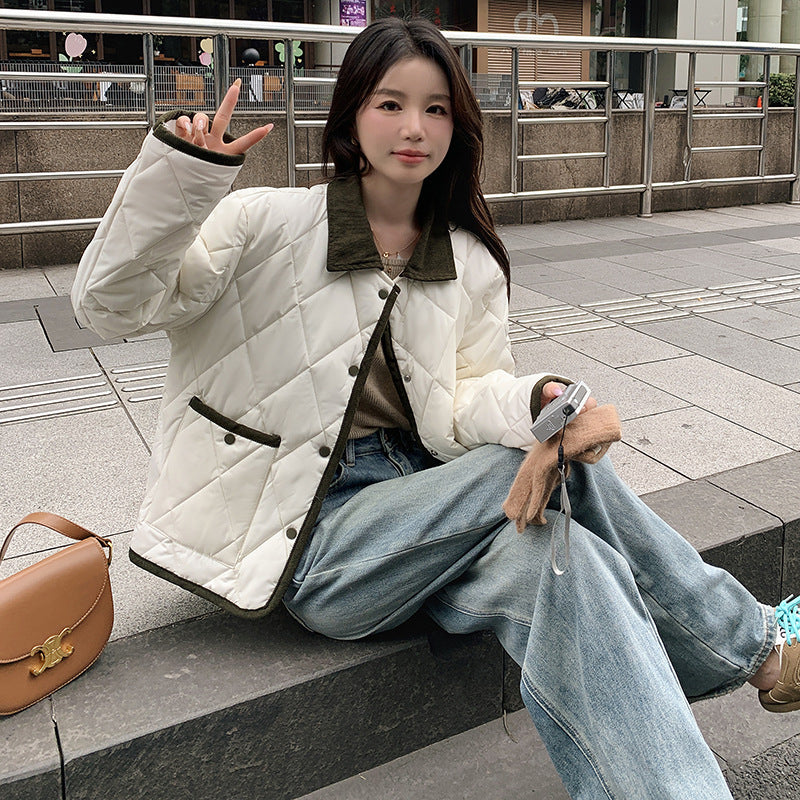 Hit Color Diamond Lattice Design Lapel Winter Lightweight Cotton Coat Coat