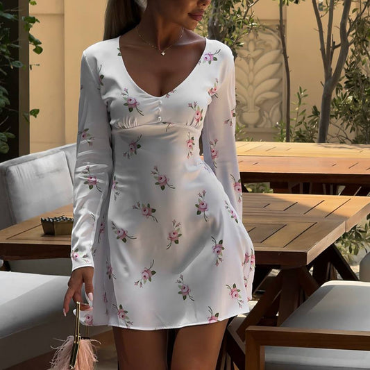 Long Sleeve V-neck Satin Printed Mini Dress