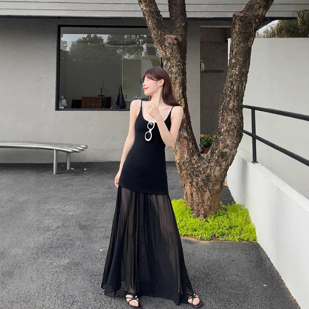 Design Mesh Stitching Suspenders Dress