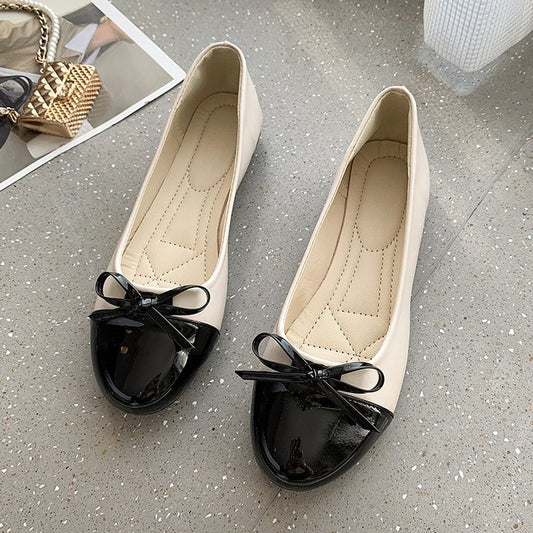 Flat bottomed shallow mouth bean shoes with round toe and simple French bow single shoes