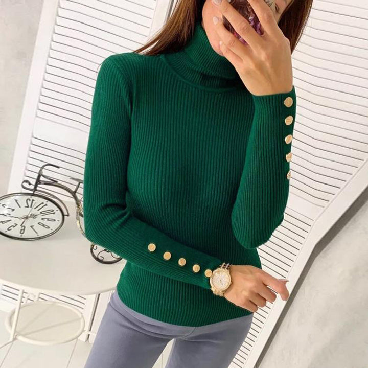 Metal Buckle Turtleneck Long Sleeve Pullover Knitted Sweater