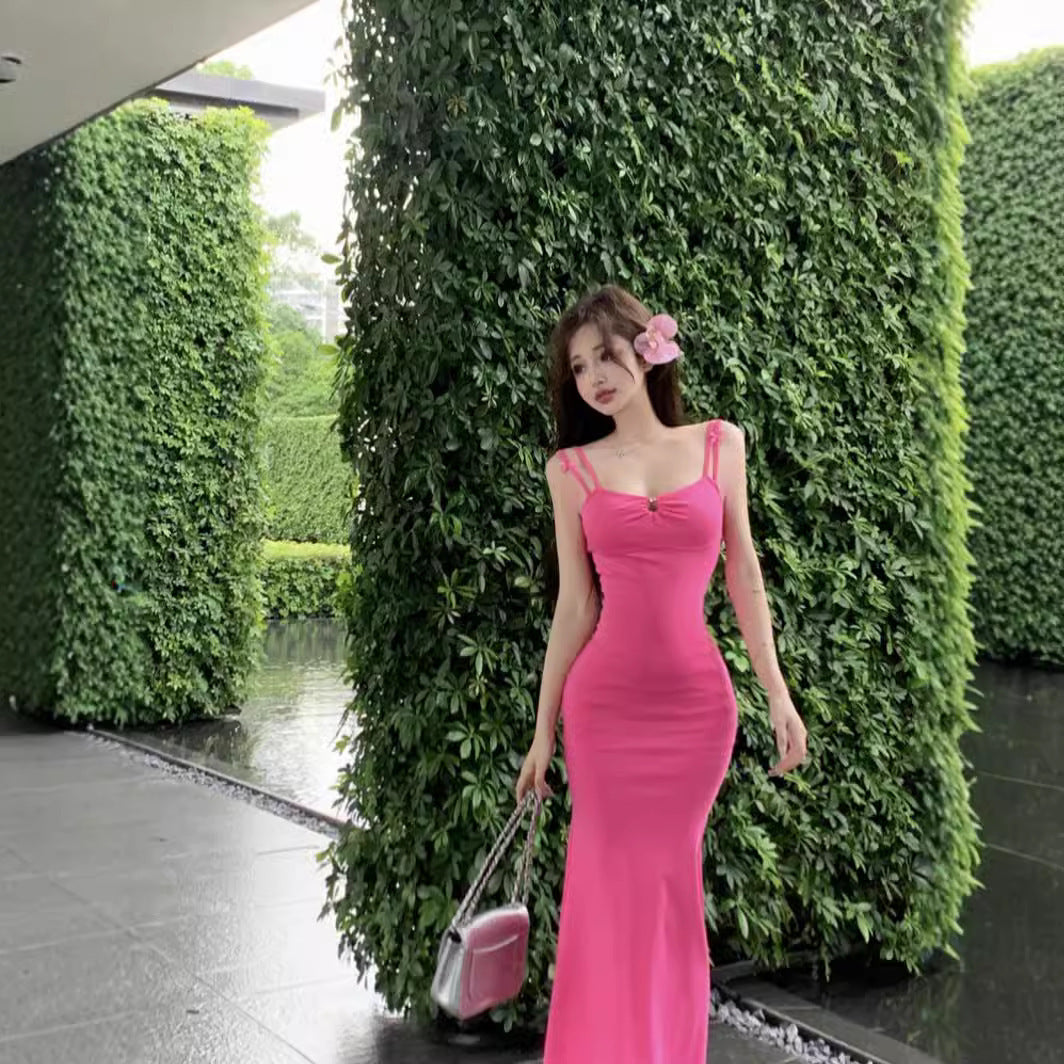 Double-shoulder Strap Sling Waist-tight Slim And Sexy Hip-wrapped Fishtail Dress