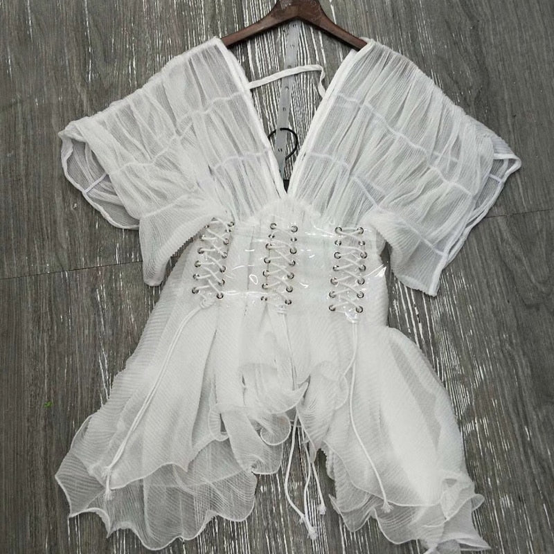 High Quality Chiffon Women White Loose Blouse Top with Sash Woman Clothes Womens Tops and Blouses
