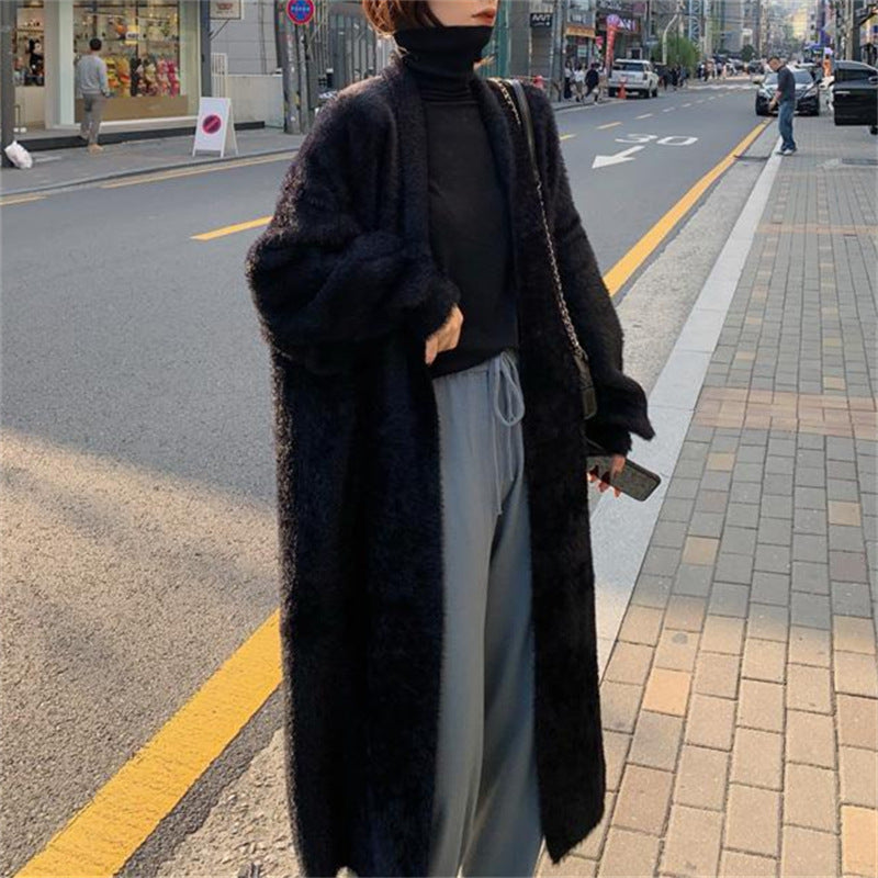 Autumn and winter thick loose cardigan mink fur medium long western-style sweater jacket lazy style long sleeved outer layer knit sweater