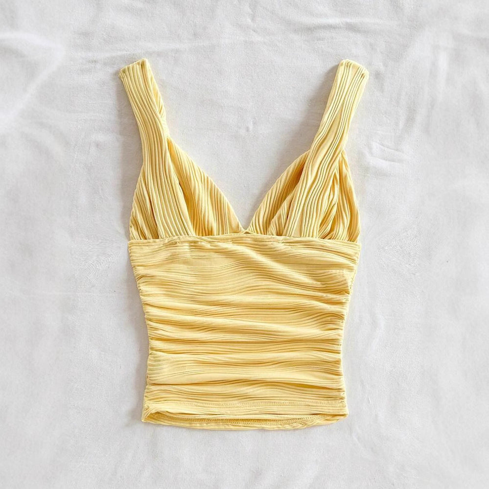 European And American V-neck Pleated Small Sling Slimming