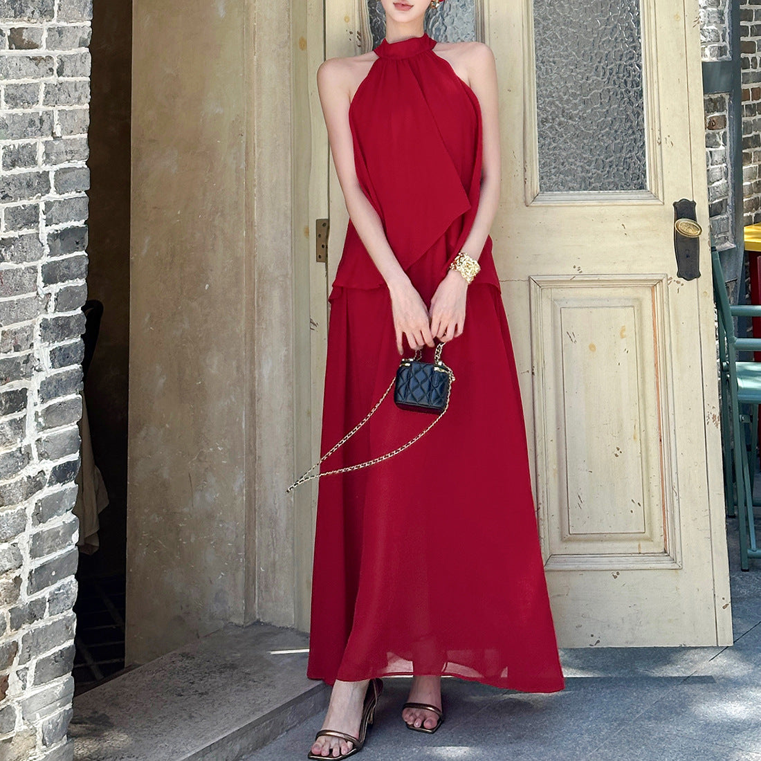 French high-end red halter top dress