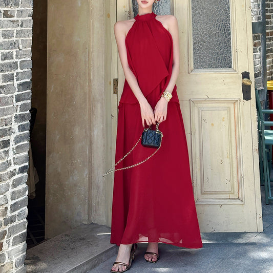 French high-end red halter top dress