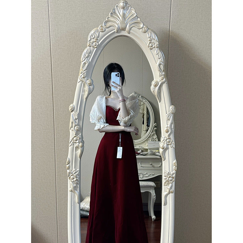 Wine Red Puff Sleeve Princess High-grade Evening Dress