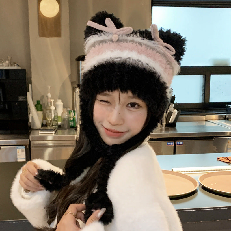 Fashion Striped Bow Plush Earmuffs Hat Women
