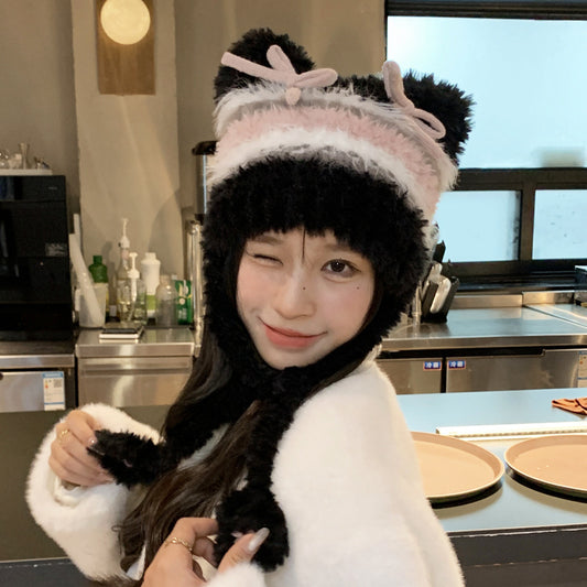 Fashion Striped Bow Plush Earmuffs Hat Women
