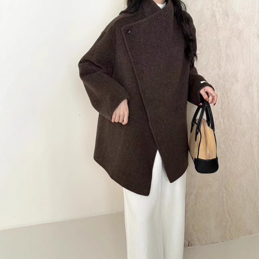 Large Lapel Solid Color One Button Drop-shoulder Sleeve Double-sided Wool Overcoat Coat