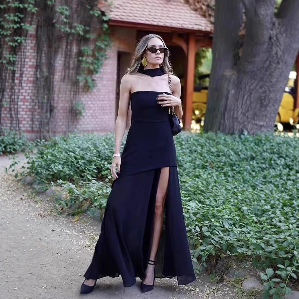 Women's Clothing Tube Top Mesh Splicing Hem Dress Sexy Solid Color