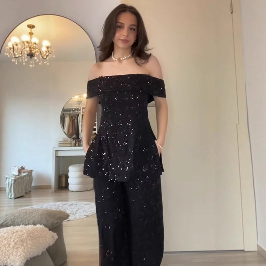 Women's Beaded Strapless Top and Loose Pants