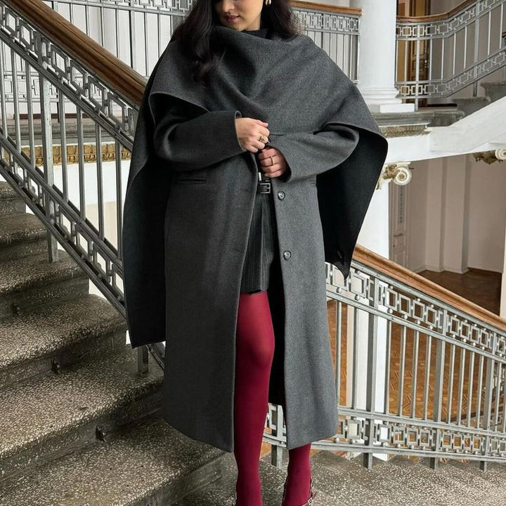 Heritage Chic Gray Scarf Collar Cloak Coat