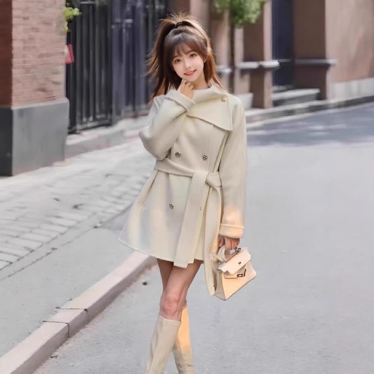 Chic Knit Coat with Scarf Collar With Thickened Belted Robe