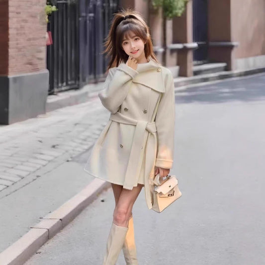 Chic Knit Coat with Scarf Collar With Thickened Belted Robe