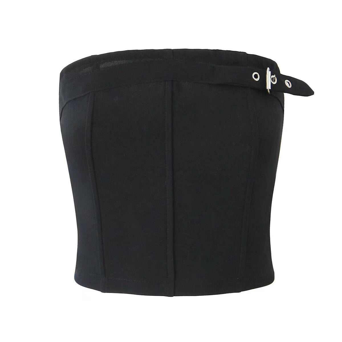 Fashionable slim fit strapless top with buckle decoration+pleated skirt