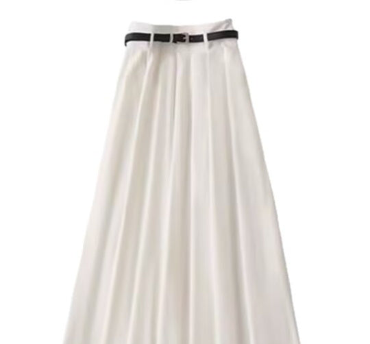 White With Belt Pleated Skirt For Women
