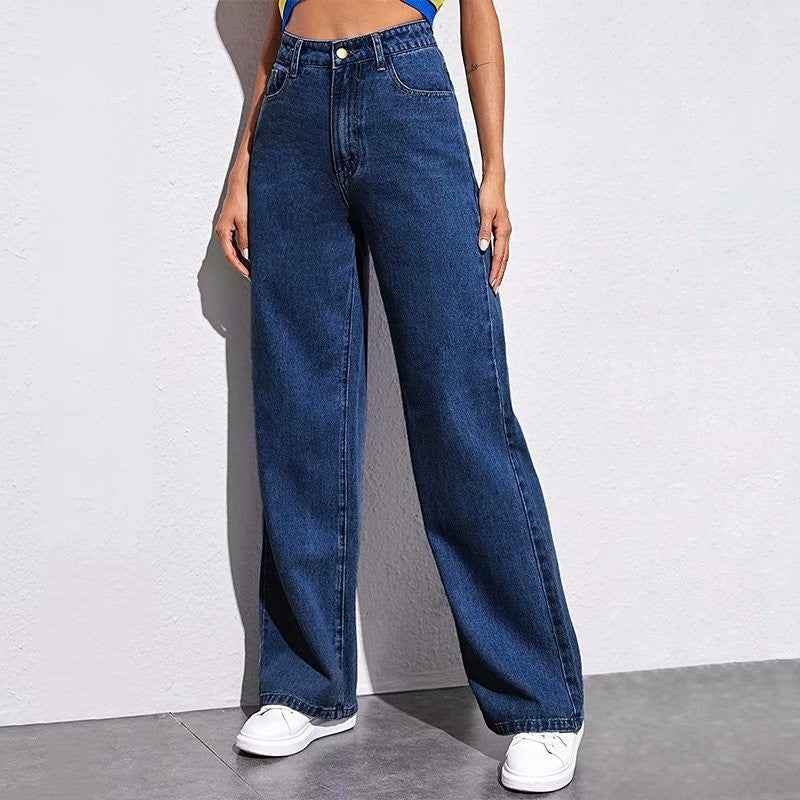 High Waist Slim Straight Denim Trousers
