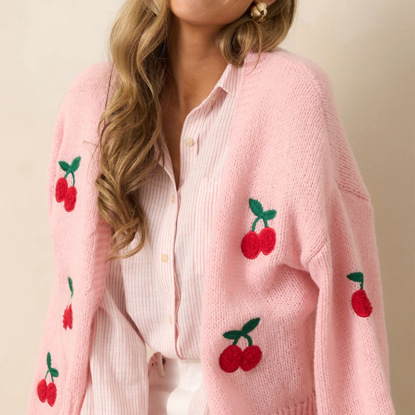 Cherry Embroidery Women's Sweater Cardigan Elegant