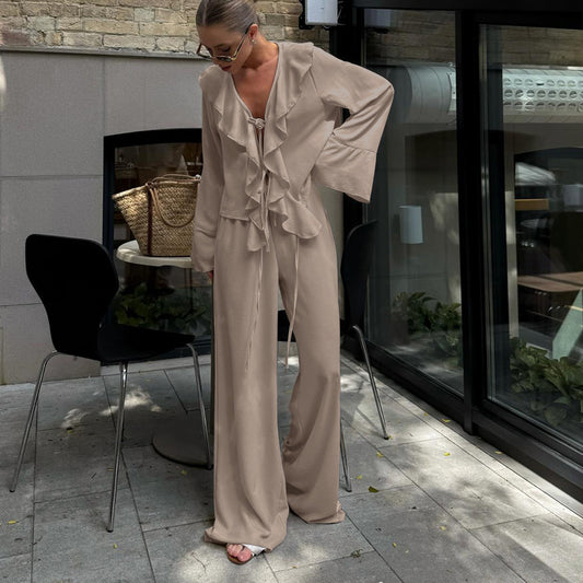 Casual Ruffles V-neck Lace-up Long Sleeve Top Suit