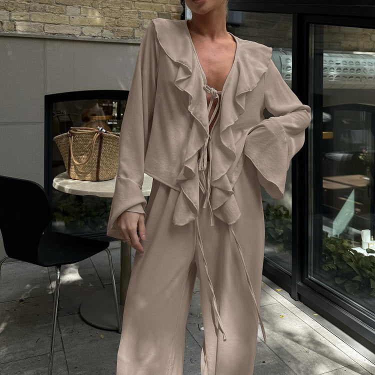 Casual Ruffles V-neck Lace-up Long Sleeve Top Suit