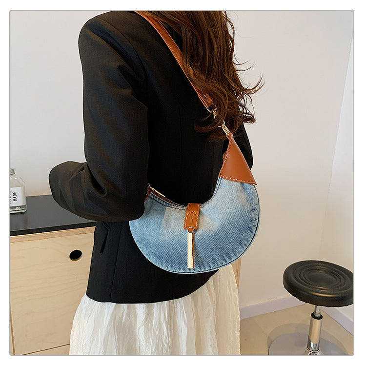 Denim Retro Contrast Color Shoulder Selenodont Crossbody Bag
