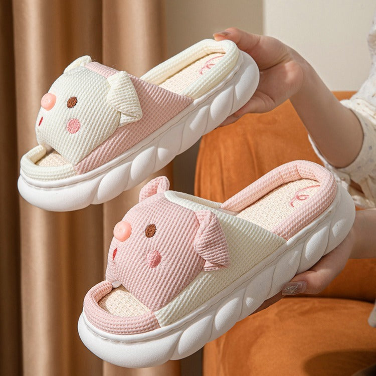 Piggy Cute Couple Open Toe Linen Cotton Linen Slippers
