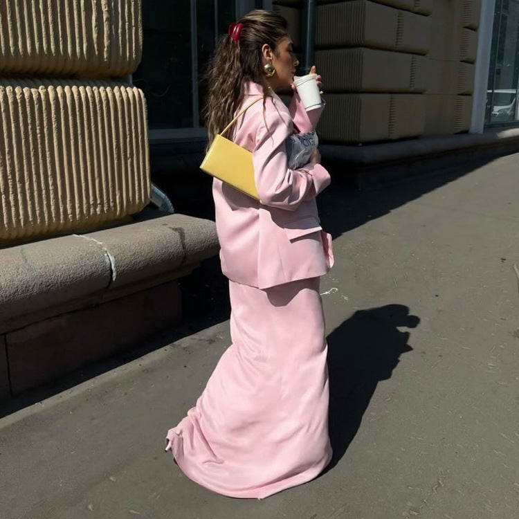 Lapel Long Sleeve Suit Coat Satin Skirt Suit