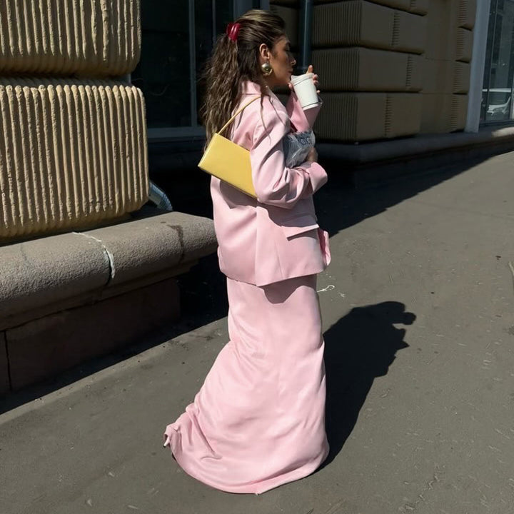 Lapel Long Sleeve Suit Coat Satin Skirt Suit