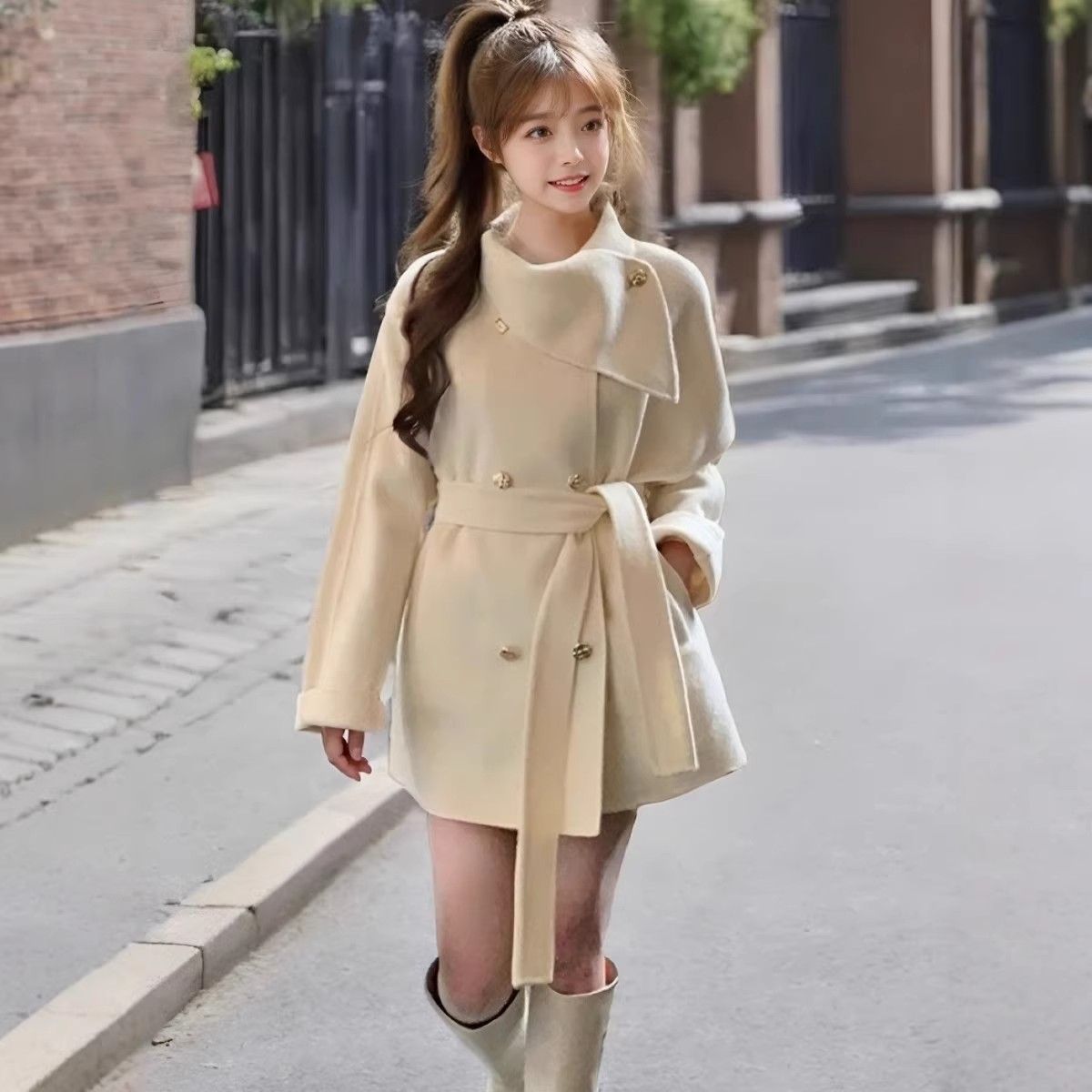 Chic Knit Coat with Scarf Collar With Thickened Belted Robe