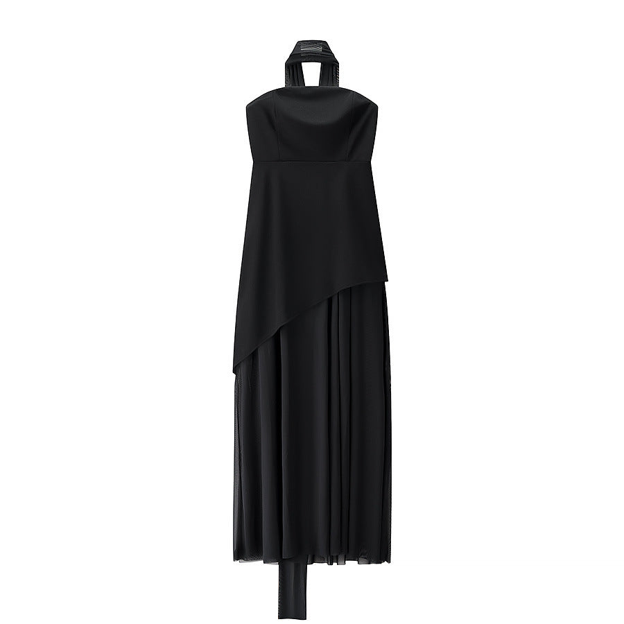 Women's Clothing Tube Top Mesh Splicing Hem Dress Sexy Solid Color