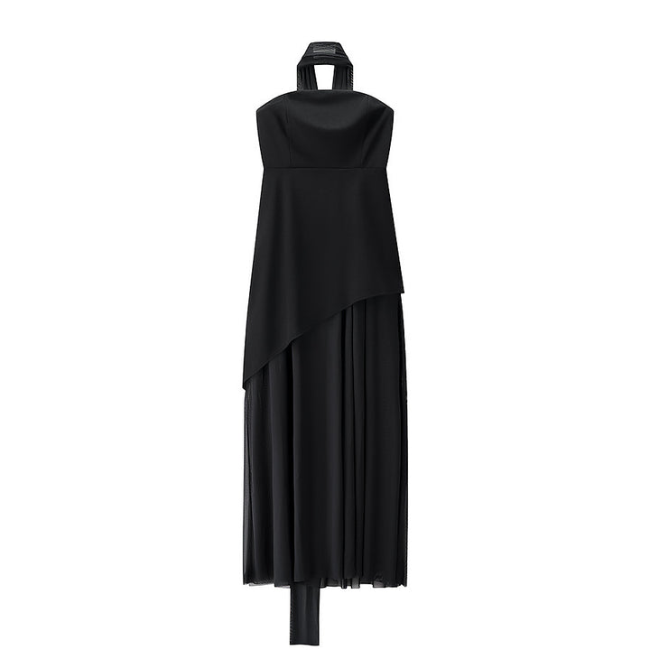 Women's Clothing Tube Top Mesh Splicing Hem Dress Sexy Solid Color
