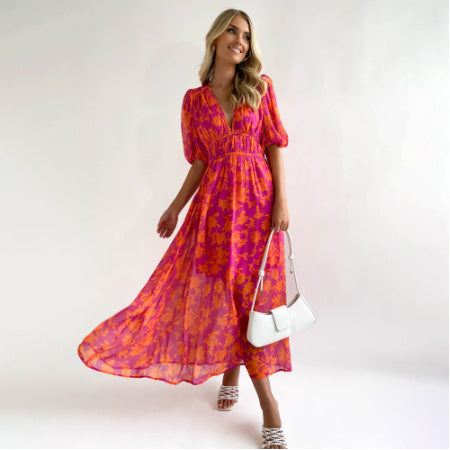 Summer Printed V-neck Sexy Waist Trimming Dress