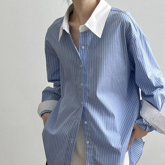 New Blue And White Striped Contrast Color Shirt For Women