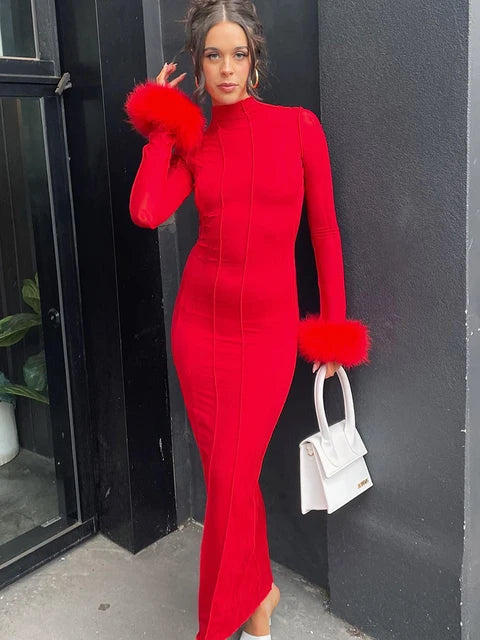 Feather Sleeve Evening Dress