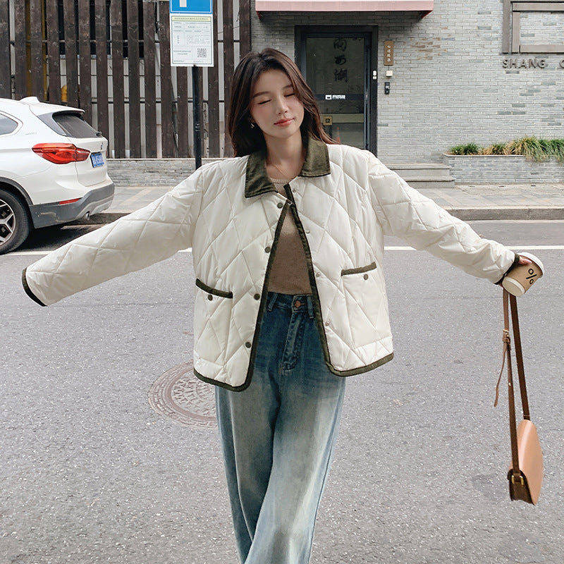 Hit Color Diamond Lattice Design Lapel Winter Lightweight Cotton Coat Coat