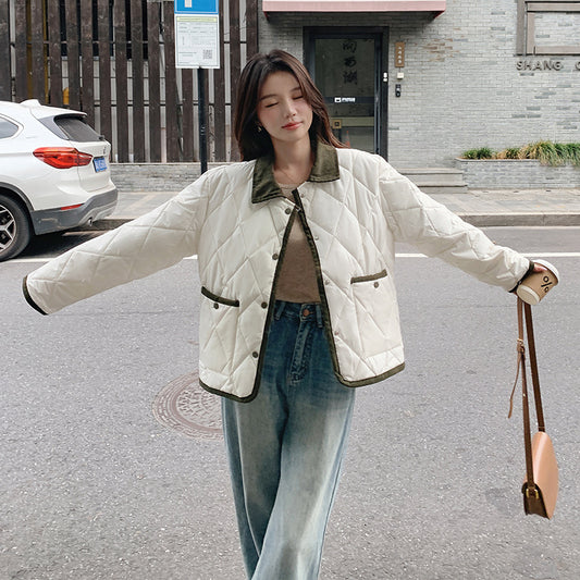 Hit Color Diamond Lattice Design Lapel Winter Lightweight Cotton Coat Coat