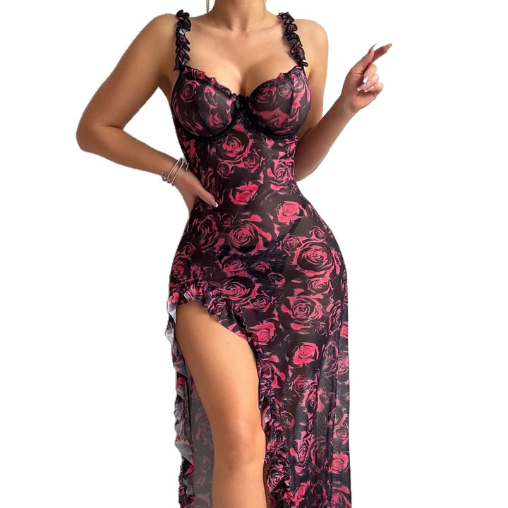 Women's suspender floral split dress erotic lingerie