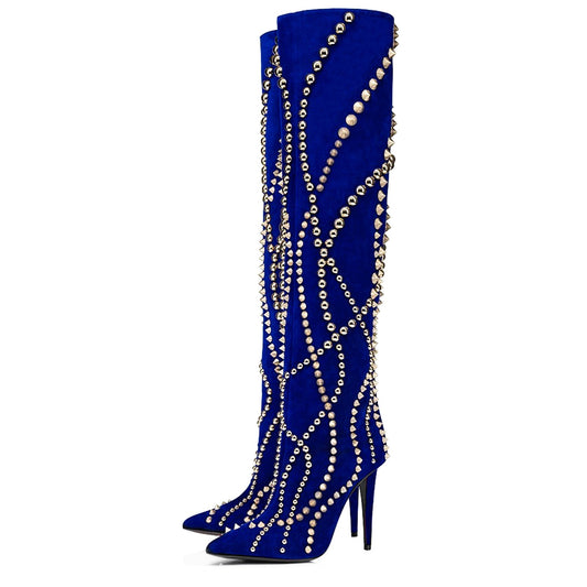 High heeled pointed rivet knee length boots