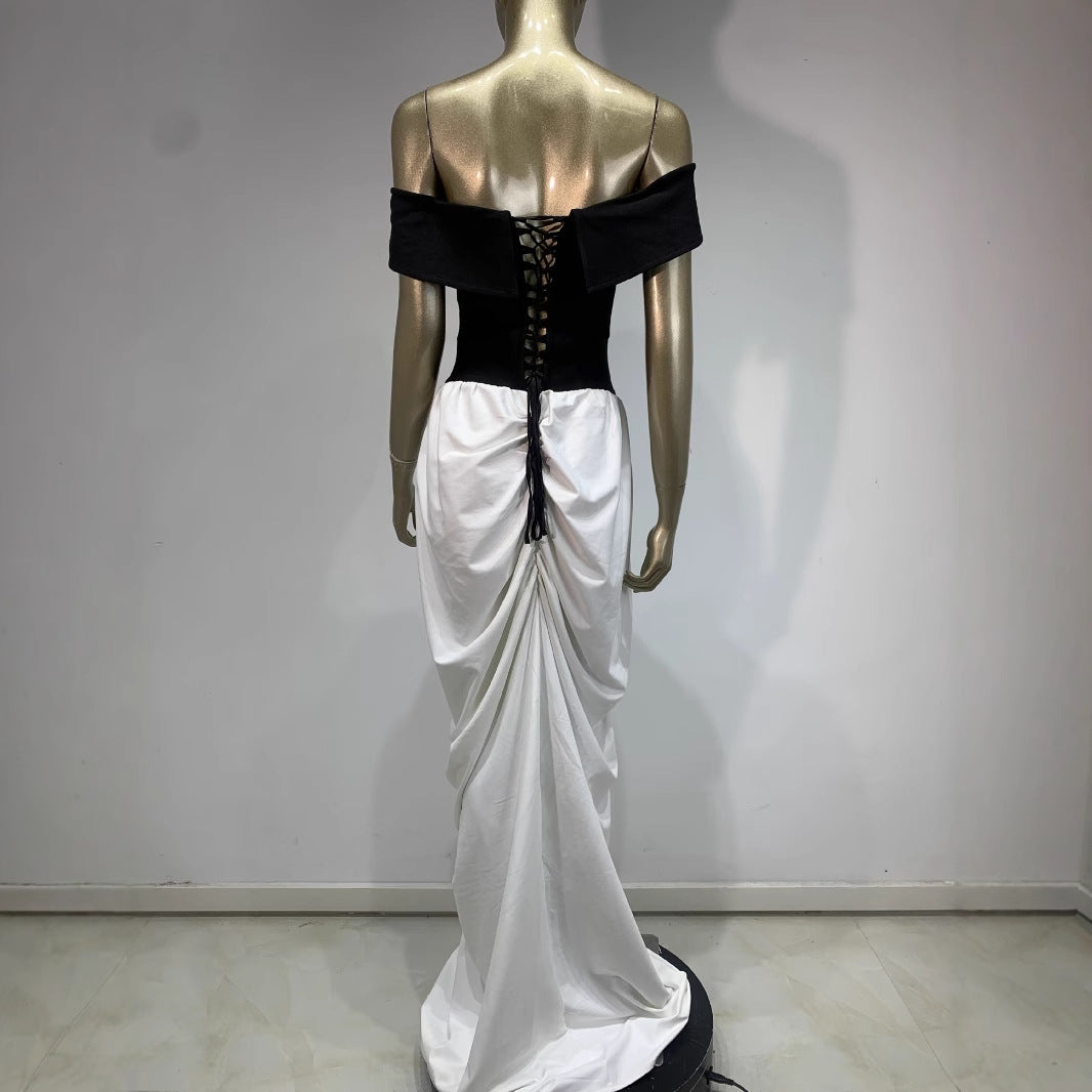 Elegant low shoulder pleated bodycon dress