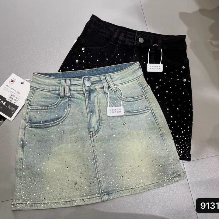 Retro Rhinestone Bright Star River Slim-fit Slimming Denim Skirt