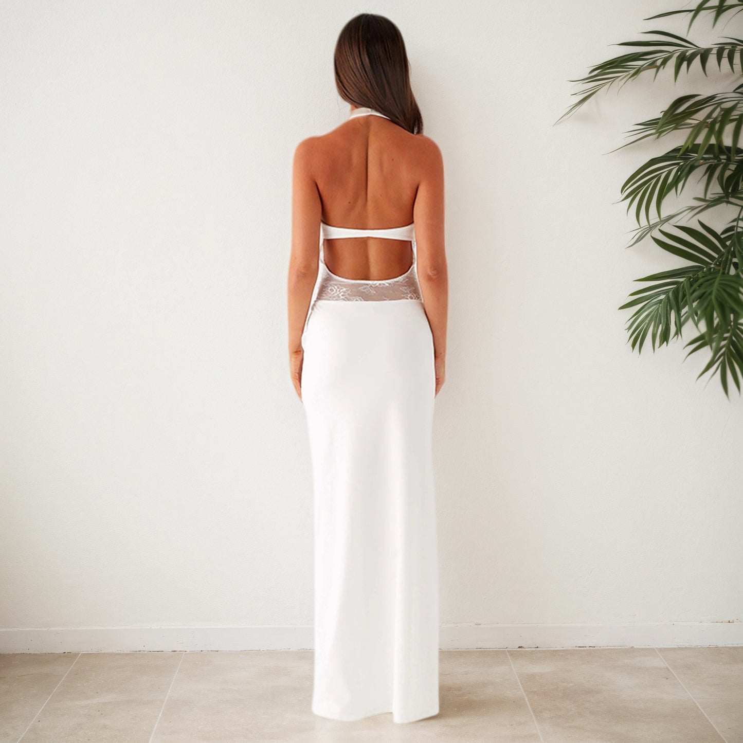 Summer Women's Clothing Temperament Pure Color Halter Backless Lace Stitching Dress