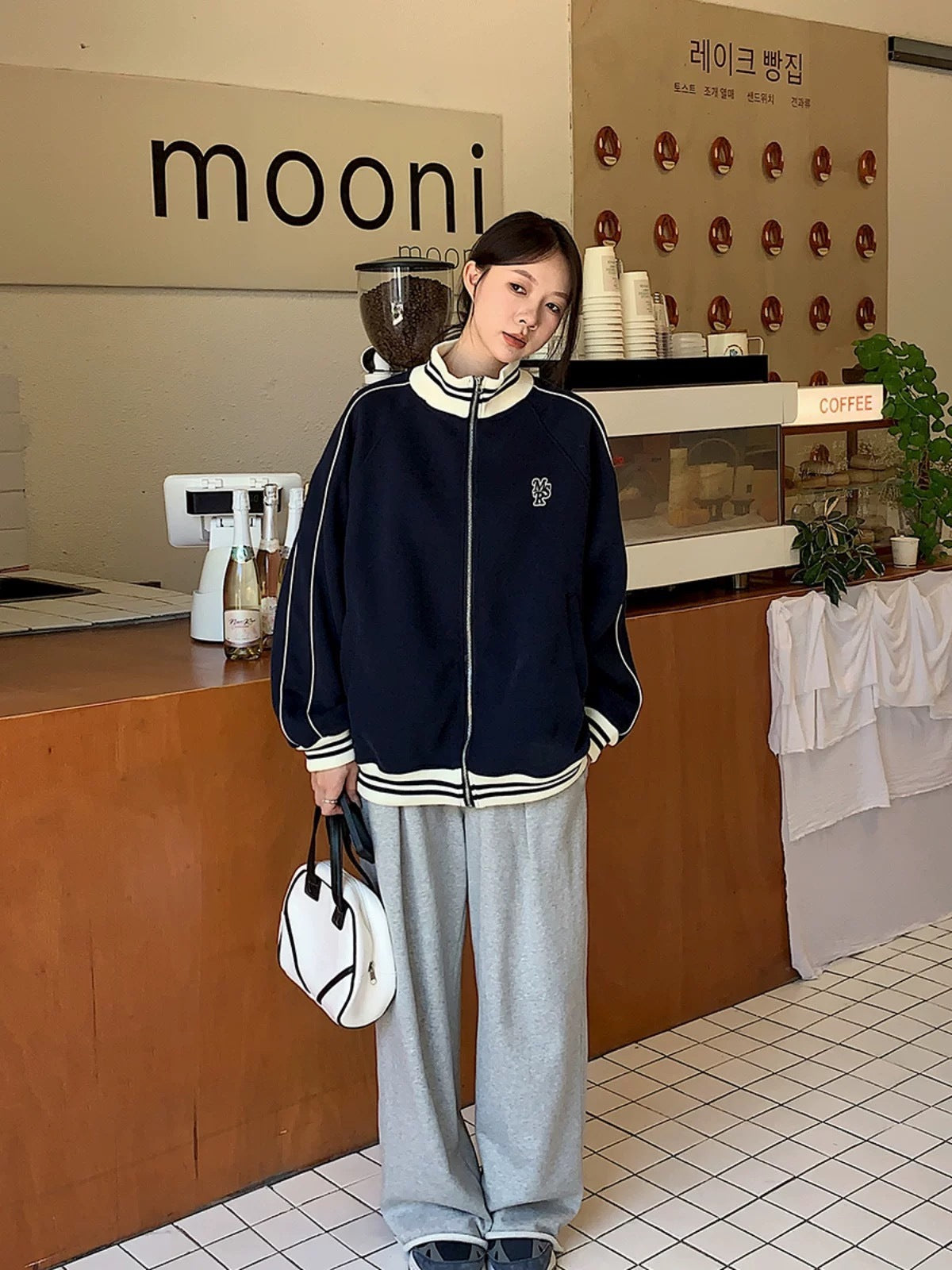 Contrast Color Striped Stand Collar Loose Preppy Style Leisure Sports Sweater Coat