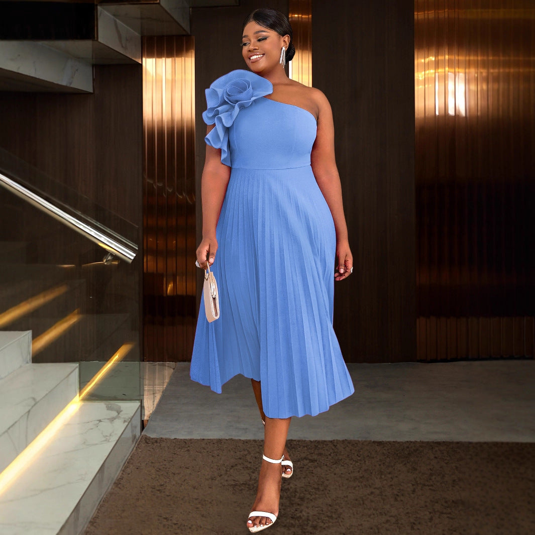 Shoulder Diagonal Collar Pleated Skirt