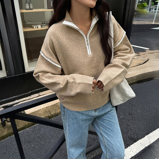 Simple Solid Color Long Sleeve Zipper Sweaters Women's Clothing