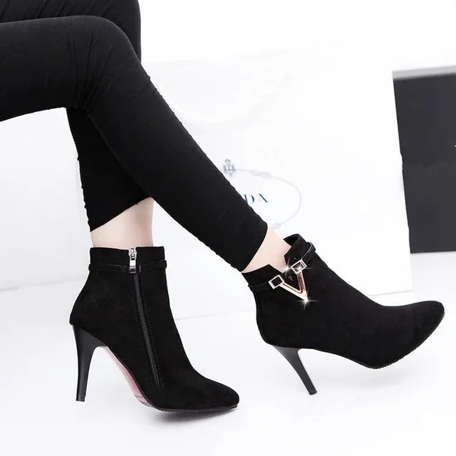 Botas Mujer Invierno 2021 Autumn Stiletto Thin High Heels Woman Pointed Toe Pu Leather Zipper Sexy Ankle Womens Boots A00339